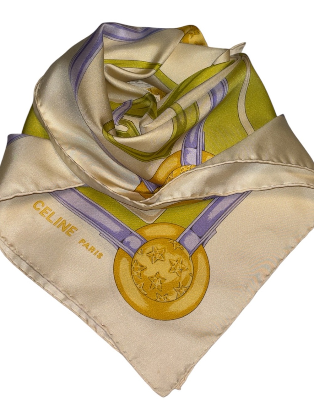 Celine Silk Scarf in Cream, Green & Purple with Gold Motif